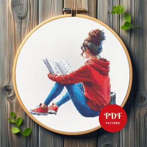 Girl Reading Boook Cross Stitch Pattern, Female Embroidery Design, Woman Needlepoint Chart, Easy Cross Stitch PDF Pattern, Book lover, DIY