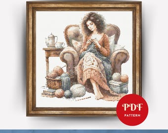 Knitting Woman Cross Stitch Pattern, Modern Embroidery Design, Needlepoint,Girl Cross Stitch PDF Pattern,Yarn Lovers,Digital Download,DIY