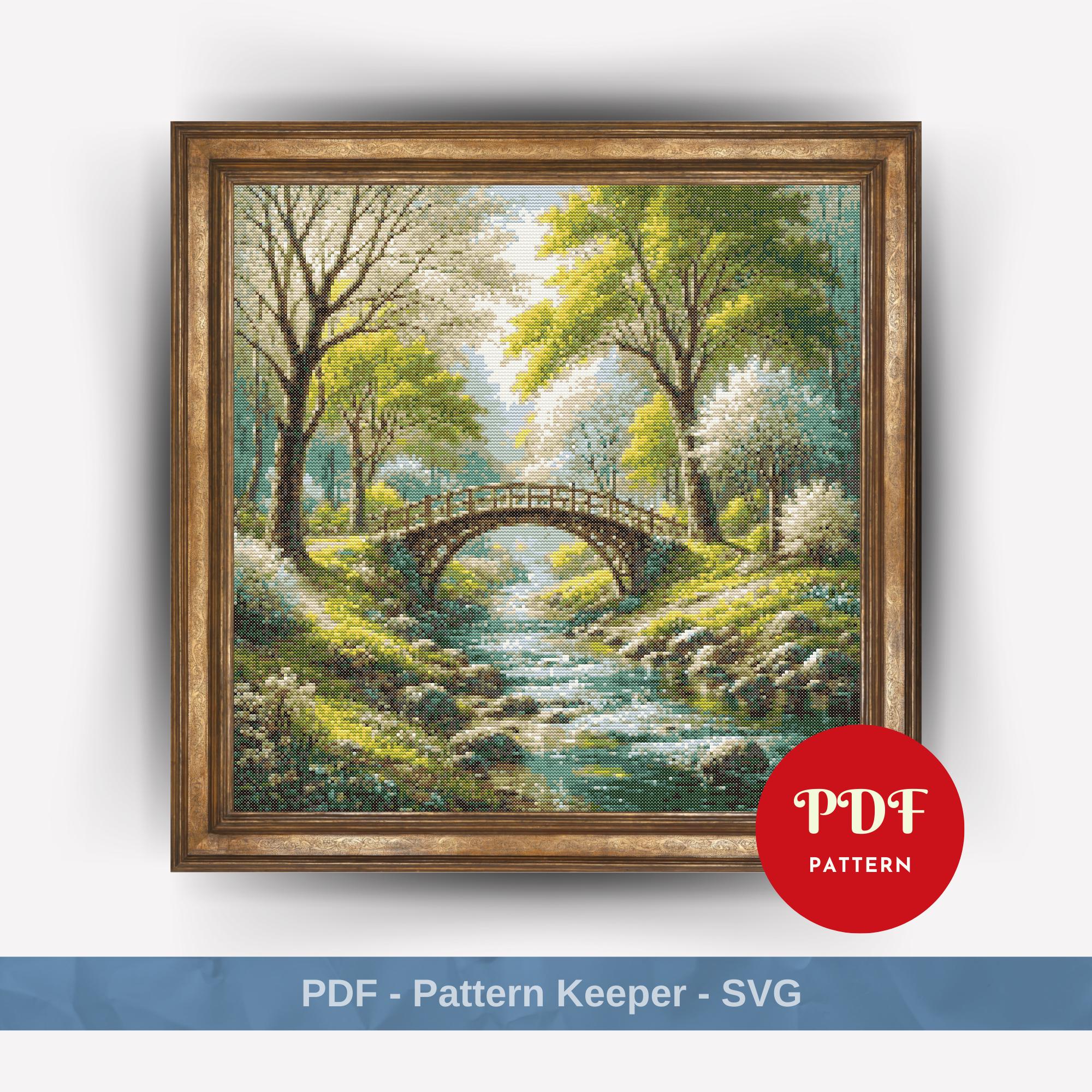 Bridge in the Forest Cross Stitch Pattern, Landscape Embroidery Pattern ...
