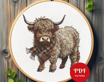 Highland Kuh Kreuzstichmuster, Bauernhof Tier Stickerei Muster, Kuh Stickdatei, Kreuzstich PDF Musterdatei, digitaler Download
