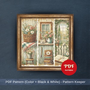 Spring Cross Stitch Pattern, Floral Window Embroidery Design,Cottage Garden Needlepoint Chart,Easy Cross Stitch PDF Pattern,Instant Download