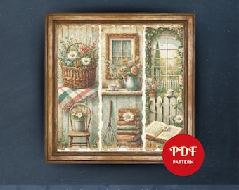 Peut inclure: Un motif de point de croix encadré présentant trois panneaux sur les thèmes des fleurs et du jardin. Les panneaux comprennent un panier de fleurs, une fenêtre avec des fleurs et une scène de jardin. Le texte "PDF Pattern" est visible.