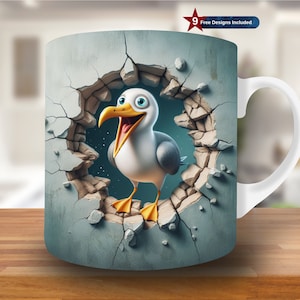 3D Seagull Hole in a Wall Mug Wrap, 11oz & 15oz Mug Template,Bird Mug Sublimation Design, Coffee Mug Wrap Template, Instant Download PNG