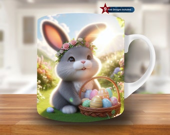 3D Easter Bunny Hole In A Wall Mug Wrap, 11oz & 15oz Mug Template, Mug Sublimation Design, Mug Wrap Template PNG, Easter mug wrap png, cute