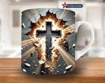 Plantilla para envolver tazas con un agujero en la pared con forma de cruz 3D, de 11 oz y 15 oz, diseño de sublimación para tazas cristianas, plantilla para envolver tazas con Jesús, descarga instantánea PNG