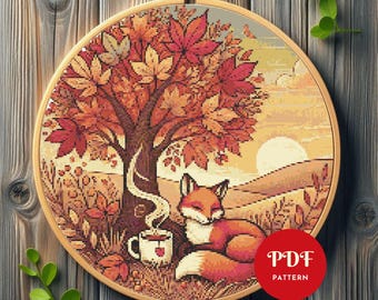 Patrón de punto de cruz de Fox Autumn Tree, Otoño (Compatible con Pattern Keeper, Descarga instantánea)