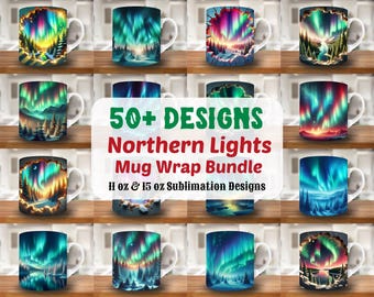 Northern Lights Mug Wrap Bundle, Winter Forest Sublimation Design, 11oz & 15oz (Digital Download)