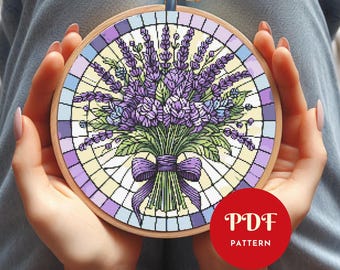 Lavender Bouquet Cross Stitch Pattern,Stained Glass Embroidery Design,Floral Needlepoint Chart,Cross Stitch PDF Pattern,Instant Download,DIY