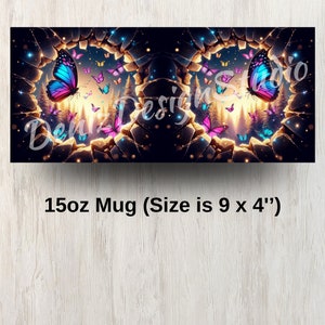 May include: A 15oz mug with a design of two colorful butterflies flying through a glowing portal in a dark, rocky landscape. The mug is 9 inches wide and 4 inches tall.