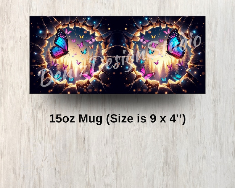May include: A 15oz mug with a design of two colorful butterflies flying through a glowing portal in a dark, rocky landscape. The mug is 9 inches wide and 4 inches tall.