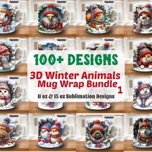 3D Winter Animals Mug Wrap Bundle, 11oz & 15oz Mug Template, Christmas Mug Sublimation Design, Mug Wrap Template, Instant Download Png