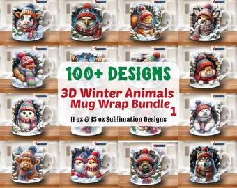 3D Wintertiere Mug Wrap Bundle, 11 Unzen & 15 Unzen Becher Vorlage, Weihnachtstasse Sublimationsdesign, Becher wickeln Vorlage, Sofortiger Download Png