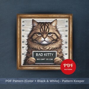 Può includere: Un modello a punto croce incorniciato con un gatto tabby marrone che tiene in mano un cartello con la scritta "BAD KITTY, ALTEZZA 35 CM". Il gatto è raffigurato in stile foto segnaletica, con segni di altezza sullo sfondo. Logo rosso "PDF PATTERN".