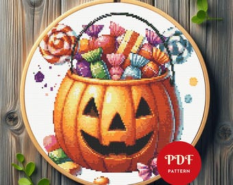 Patrón de punto de cruz de calabaza de Halloween, diseño de bordado de truco o trato, gráfico de bordado, patrón de punto de cruz fácil en PDF, instantáneo, bricolaje
