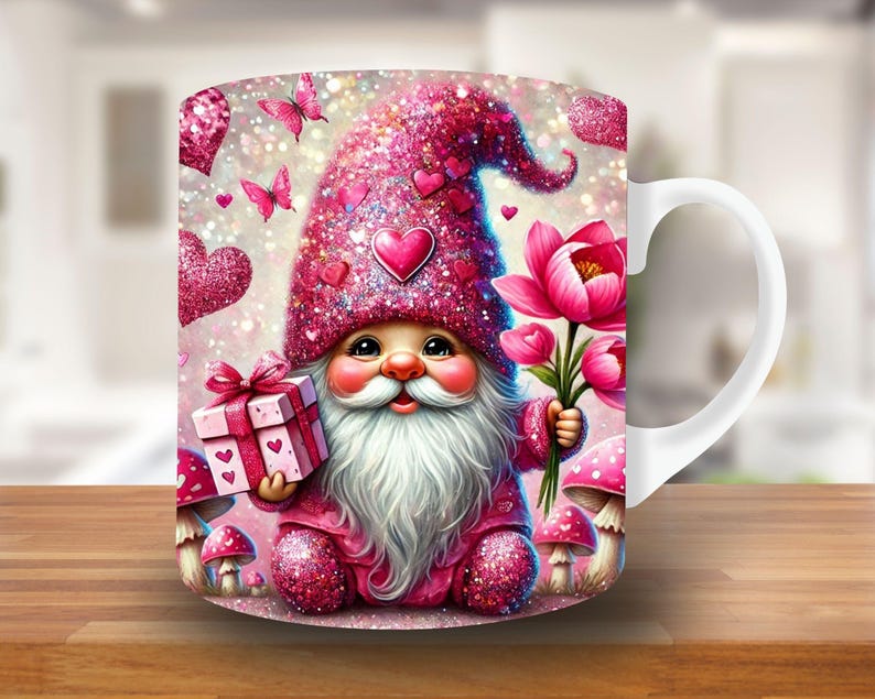May include: A white ceramic mug with a pink and white gnome holding a gift box. The gnome is wearing a pink hat with hearts and glitter. The mug has a pink and white floral design with hearts and glitter.