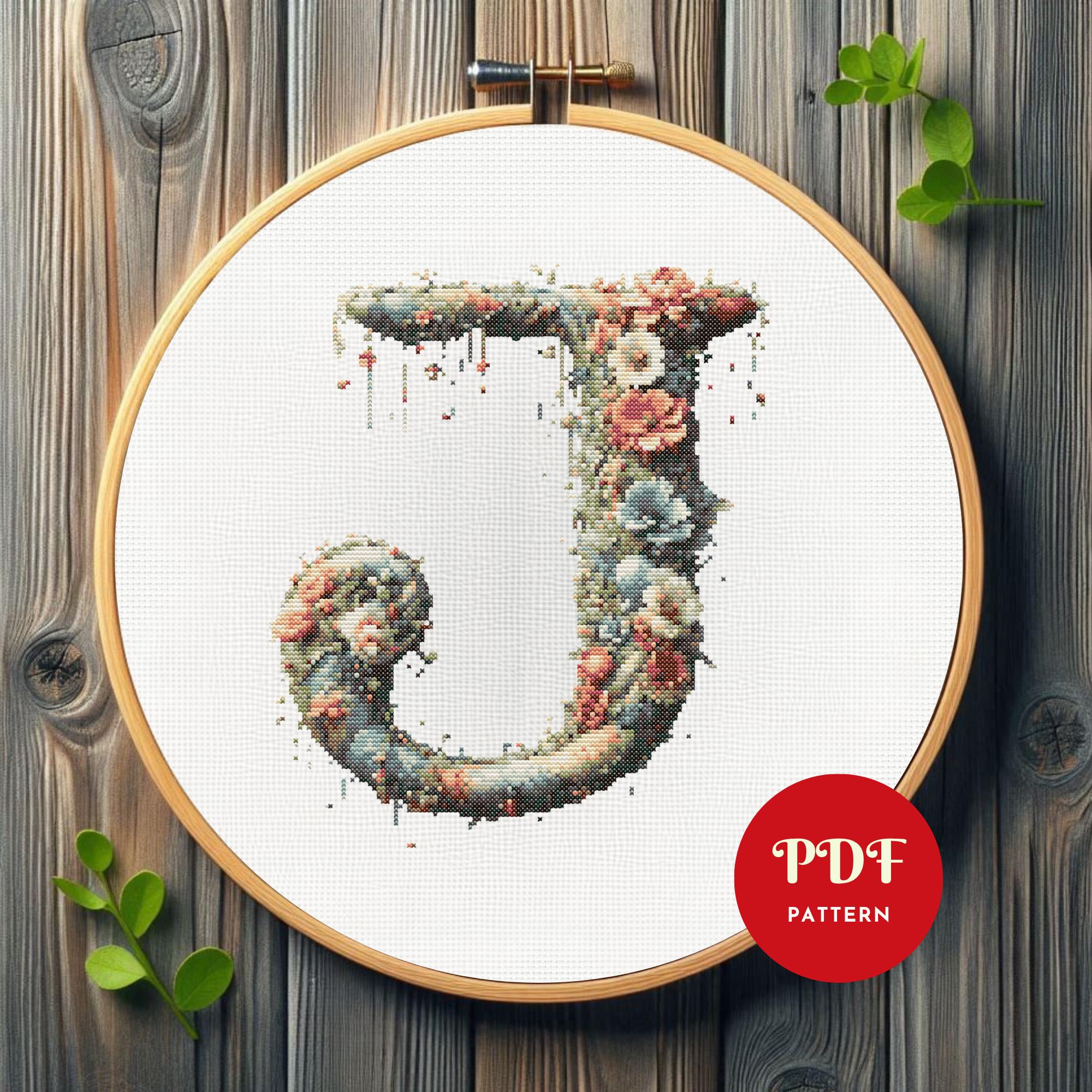 Floral Letter J Cross Stitch Pattern, Alphabet Embroidery Design,green ...