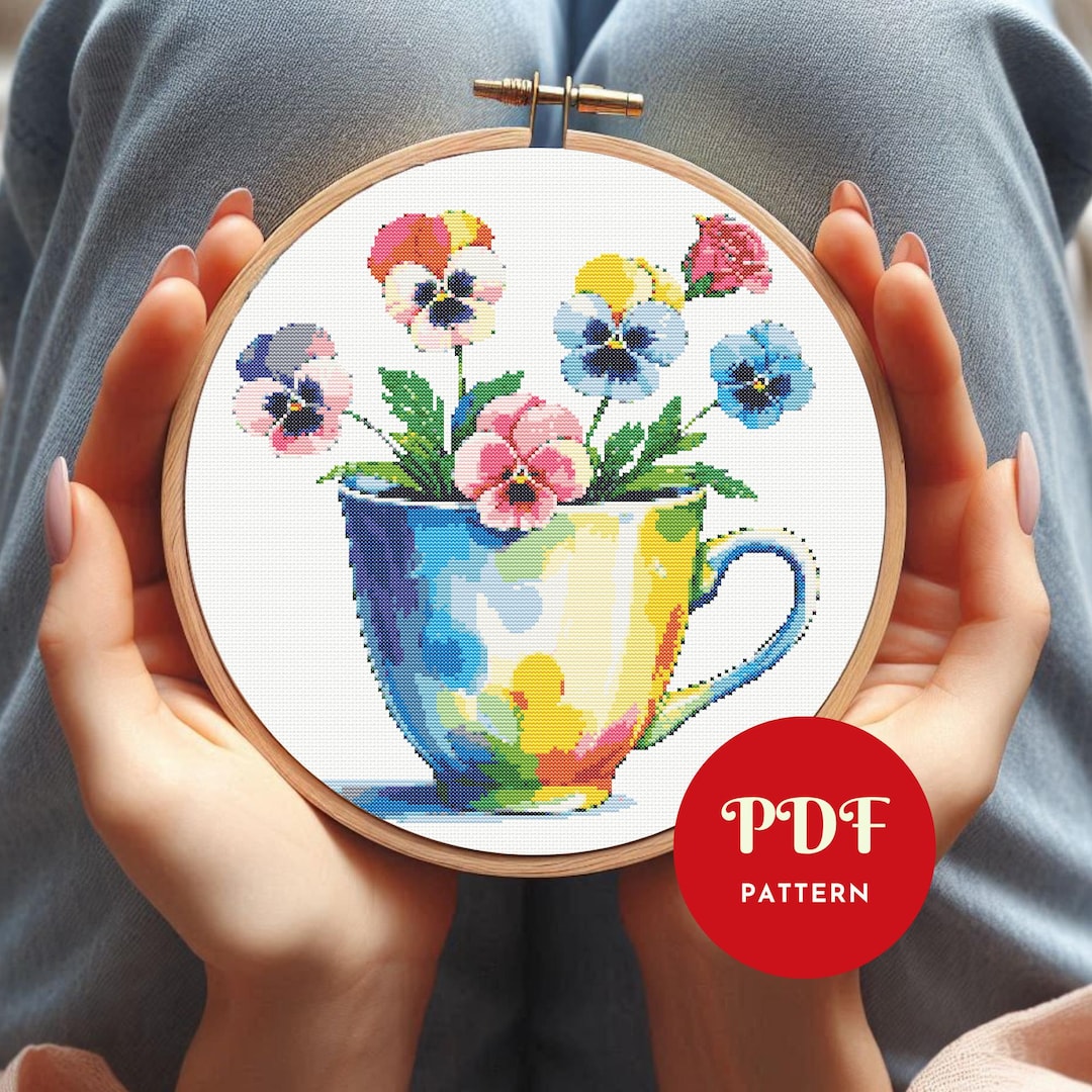 Colorful Mug With Flowers Cross Stitch Pattern, Spring Floral