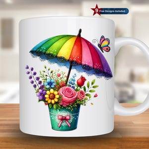 Flower Bucket and Colorful Umbrella Mug Wrap, 11oz & 15oz Mug Template, Mug Sublimation Design, Mug Wrap Template, Instant Download PNG