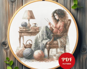Knitting Woman Cross Stitch Pattern,Modern Embroidery Design,Needlepoint,Girl Cross Stitch PDF Pattern,Yarn Lovers,Instant Download,DIY