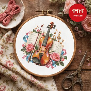 Patrón de punto de cruz en PDF de violín y rosas, música romántica (compatible con Pattern Keeper, descarga instantánea)