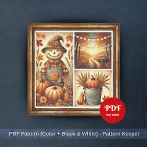 Könnte beinhalten: Gerahmtes Herbst-Kreuzstichmuster mit einem lächelnden Vogelscheuche, Kürbissen und Herbstlaub. Das Kunstwerk zeigt eine Straßenszene und einen Eimer mit Kürbissen. Der Text "PDF Pattern" ist sichtbar.