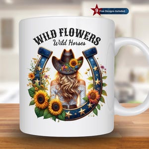 Wild Flowers Wild Horses Mug Wrap, 11oz & 15oz Mug Template, Horseshoe Mug Sublimation Design,Cowgirl Mug Wrap Template,Digital Download PNG