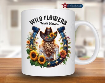 Wild Horses Mug Wrap, Horseshoe Cowgirl Design (Digital Download PNG)
