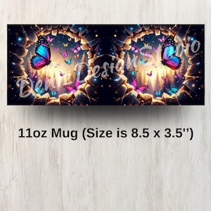 May include: A 11oz mug with a design of a magical forest scene with butterflies. The butterflies are pink, blue, and purple. The mug is 8.5 inches wide and 3.5 inches tall.