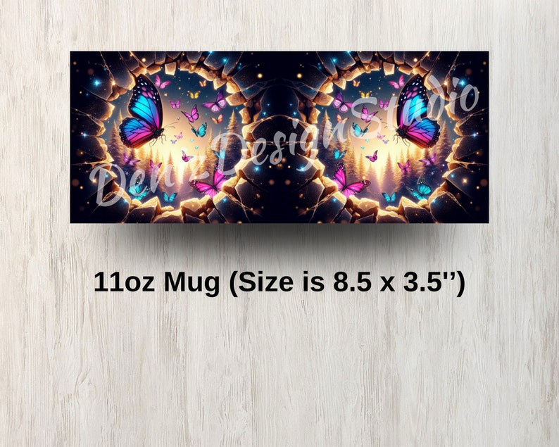 May include: A 11oz mug with a design of a magical forest scene with butterflies. The butterflies are pink, blue, and purple. The mug is 8.5 inches wide and 3.5 inches tall.
