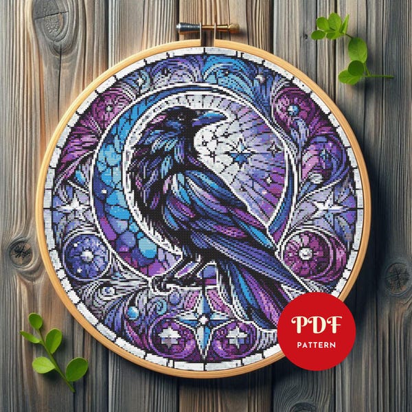 Raben Kreuzstichmuster, Mystic Stickmuster, Mond Nadelspitze Stickmuster, einfaches Kreuzstichmuster PDF, Instant Download, DIY