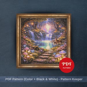 May include: A framed cross-stitch pattern showing a fantasy forest with waterfalls, deer, and glowing mushrooms. The artwork is in a gold-coloured frame. The image includes a red circle with the text "PDF PATTERN".