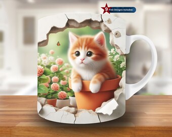 3D Cat in Pot Hole in a Wall Mug Wrap, 11oz & 15oz Mug Template, Mug Sublimation Design, Mug Wrap Template, Digital Download PNG, kitten
