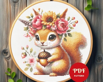 リスのクロスステッチ図案、かわいい森の動物の刺繍PDF、すぐに