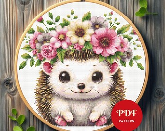 Cute Hedgehog Cross Stitch Pattern, Floral Animal Embroidery Design, Needlepoint Chart, Easy Cross Stitch PDF Pattern, Instant Download, DIY