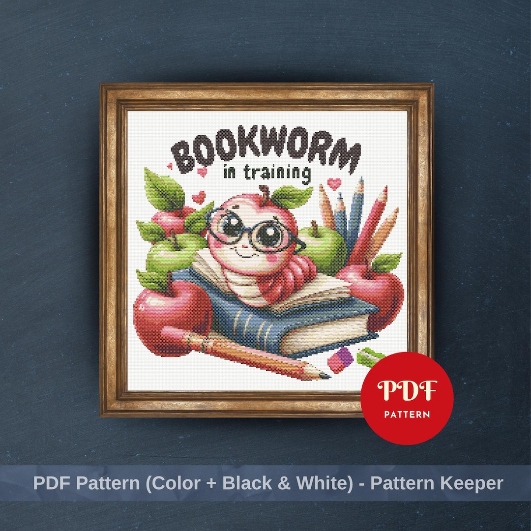 Bookworm in Training Cross Stitch Pattern,reading Embroidery Design ...