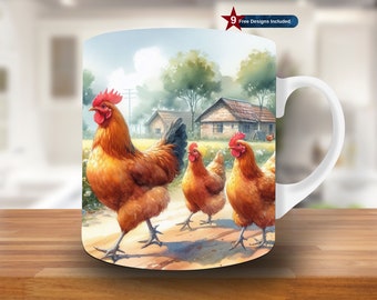 Chickens in Farm Mug Wrap, 11oz & 15oz Mug Template, Mug Sublimation Design, Mug Wrap Template,Instant Digital Download PNG, watercolur mug