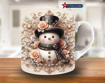 3D-Schneemann-Tassenmanschette (PNG), Weihnachts-Sublimationsdesign, 11 oz, 15 oz (Digitaler Download)