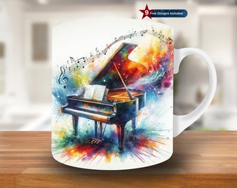 Watercolor Piano and Notes Mug Wrap, 11oz & 15oz Mug Template, Mug Sublimation Design, Mug Wrap Template, Instant Digital Download PNG