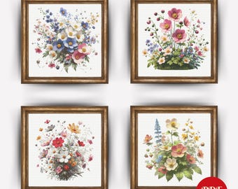 Spring Flowers Cross Stitch Pattern Bundle, Wild Flower Embroidery Stitch Pattern, Floral Embroidery, Cross Stitch PDF Pattern File, Digital