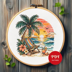 Motif de point de croix paysage océan estival, motif de broderie plage, tableau de broderie tropicale, motif PDF de point de croix, téléchargement immédiat, bricolage