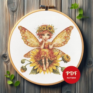 Cute Fairy Cross Stitch Pattern, Mystical Embroidery Design, Fairy Needlepoint Chart, Sunflower Cross Stitch PDF Pattern, DIY, floral