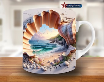 Seashell Landscape Mug Wrap PNG, Summer Sublimation Design, 11oz, 15oz (Digital Download)