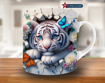 Cute White Tiger Mug Wrap, Sublimation Design (Digital Download PNG)