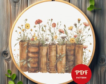 Padrão de ponto cruz de livros e flores vintage, design de bordado de biblioteca, gráfico de ponto cruz, padrão de ponto cruz em PDF, download digital, faça você mesmo