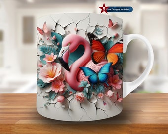 Envoltorio para taza con diseño de flamenco 3D, diseño floral por sublimación (descarga digital)