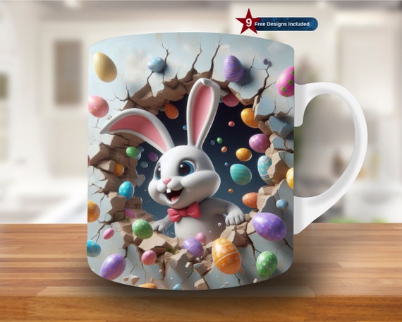 3D Easter Bunny Crack In A Wall Mug Wrap, 11oz & 15oz Mug Template, Christian Mug Sublimation Design, Egg Mug Wrap Template PNG, digital PNG