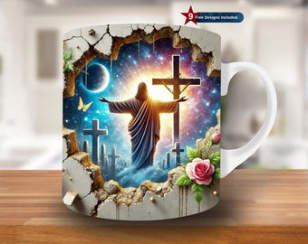 3D Jesus in Heaven Mug Wrap, 11oz & 15oz Mug Template, Christian Mug Sublimation Design,  Cross Mug Wrap Template, Digital Download PNG
