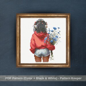 Meisje met wilde bloemen kruissteekpatroon, vrouwelijk borduurontwerp, vrouw borduurpatroon, eenvoudig pdf-kruissteekpatroon, bloemen, schattig