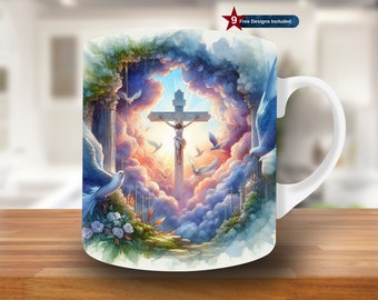 Watercolor Jesus and Cross Mug Wrap, 11oz & 15oz Mug Template,Christian Mug Sublimation Design,Cross Mug Wrap Template, Digital Download PNG
