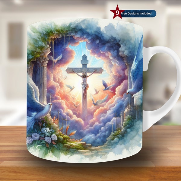 Watercolor Jesus and Cross Mug Wrap, 11oz & 15oz Mug Template, Mug Sublimation Design, Mug Wrap Template, Digital Download PNG, Christian